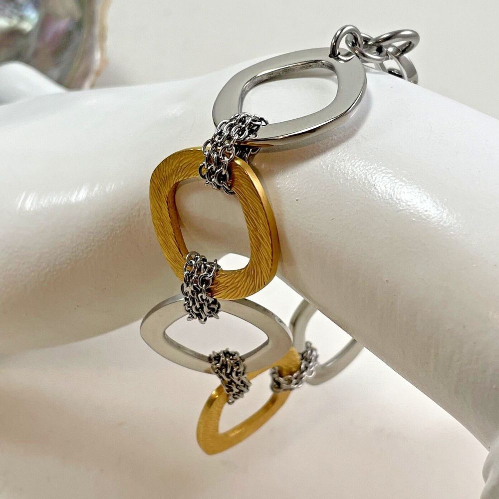 QVC Steel By Design Two Tone 28” Necklace & 8” Bracelet Earrings Rounded Square - Picture 2 of 16